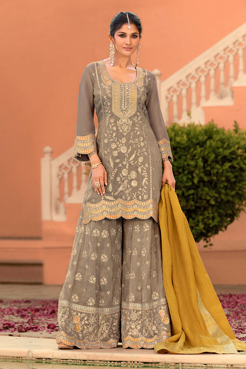 Beige Viscose Shimmer Embroidered Straight Kurta Sharara with Dupatta PKSKD2860
