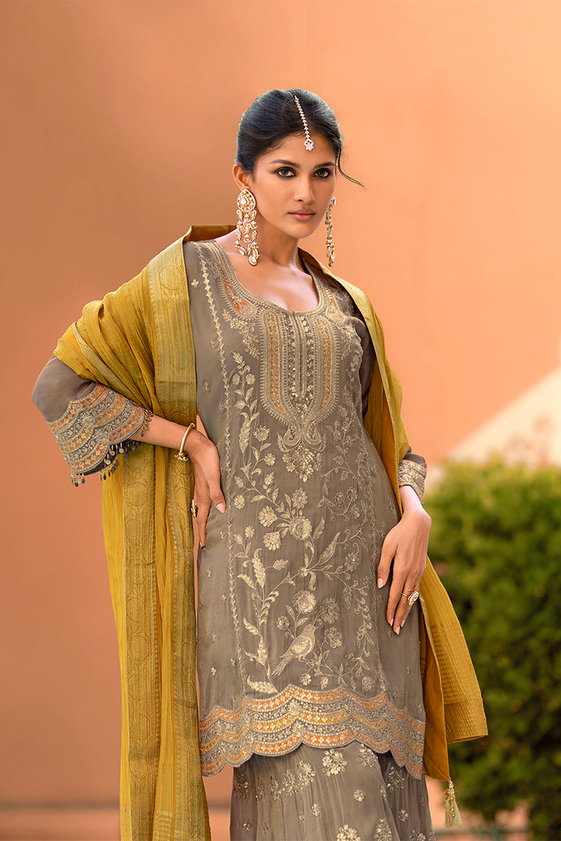Beige Viscose Shimmer Embroidered Straight Kurta Sharara with Dupatta PKSKD2860