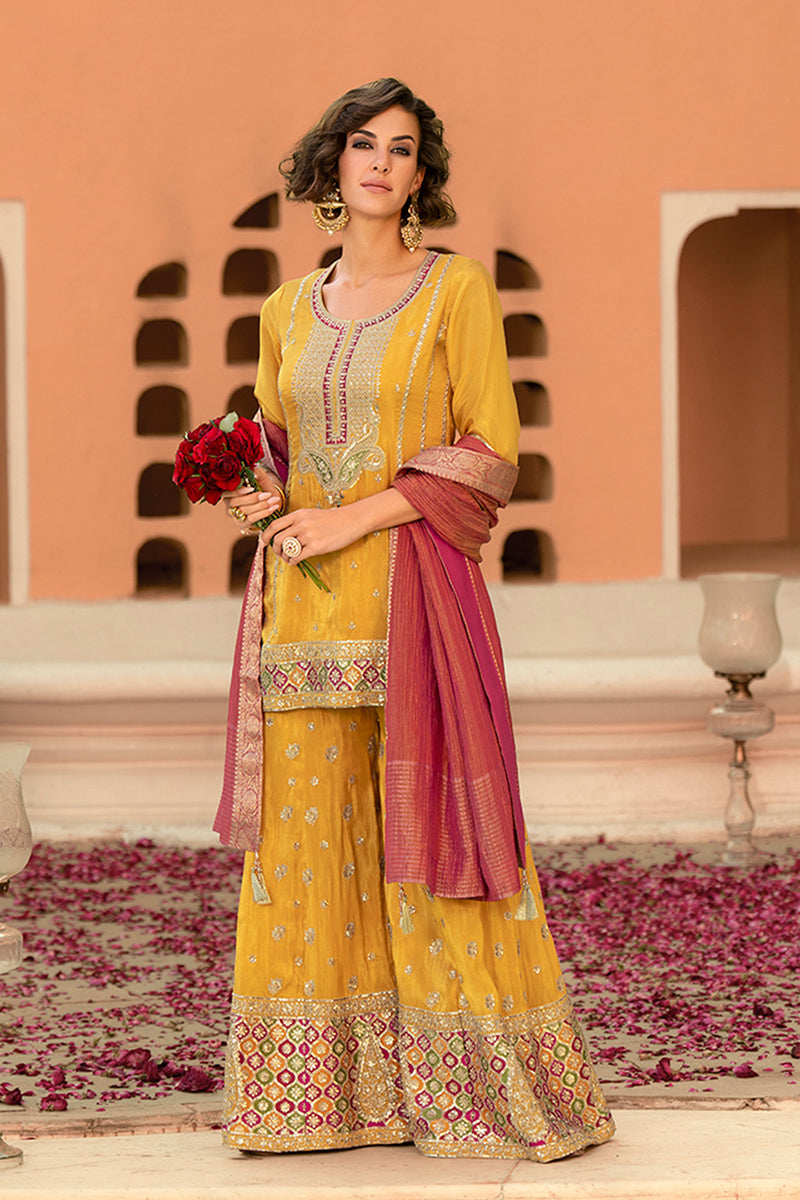 Yellow Viscose Shimmer Embroidered Straight Kurta Sharara with Dupatta PKSKD2861