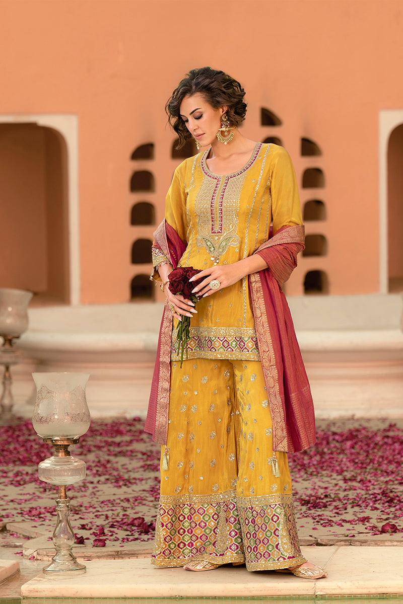 Yellow Viscose Shimmer Embroidered Straight Kurta Sharara with Dupatta PKSKD2861