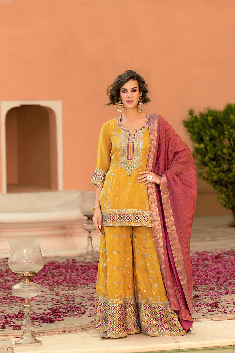 Yellow Viscose Shimmer Embroidered Straight Kurta Sharara with Dupatta PKSKD2861