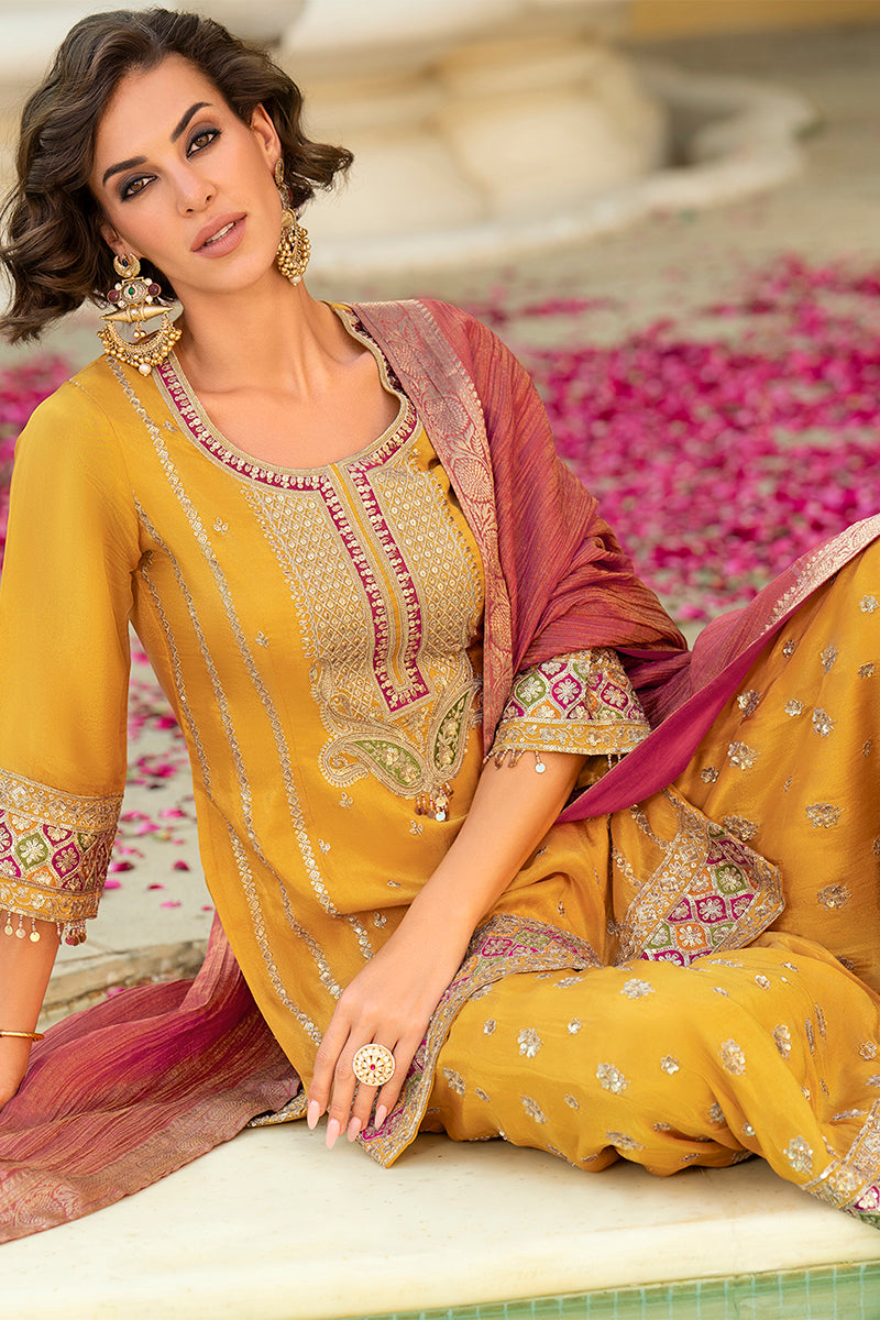 Yellow Viscose Shimmer Embroidered Straight Kurta Sharara with Dupatta PKSKD2861