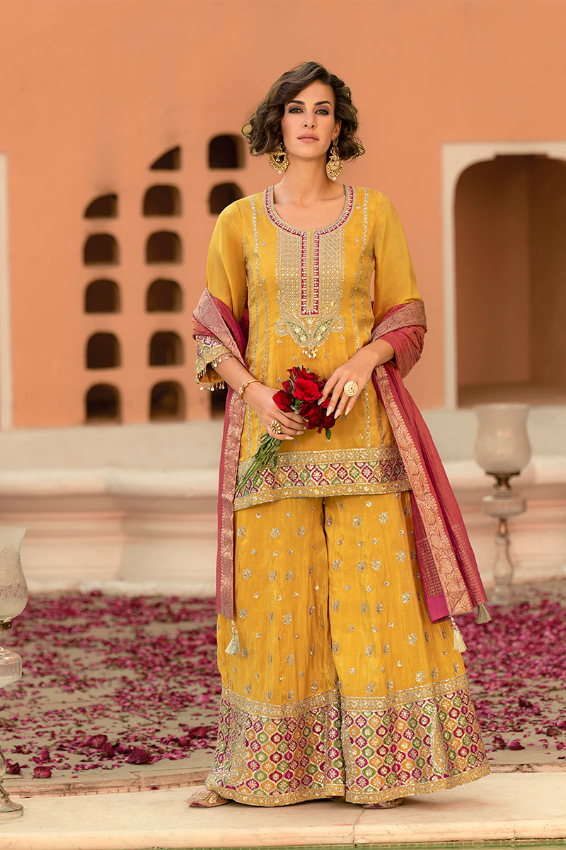 Yellow Viscose Shimmer Embroidered Straight Kurta Sharara with Dupatta PKSKD2861