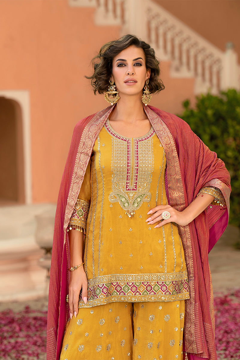 Yellow Viscose Shimmer Embroidered Straight Kurta Sharara with Dupatta PKSKD2861