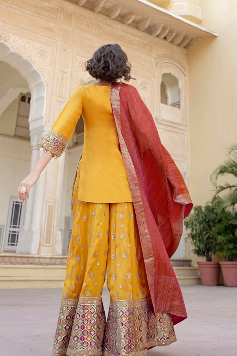 Yellow Viscose Shimmer Embroidered Straight Kurta Sharara with Dupatta PKSKD2861