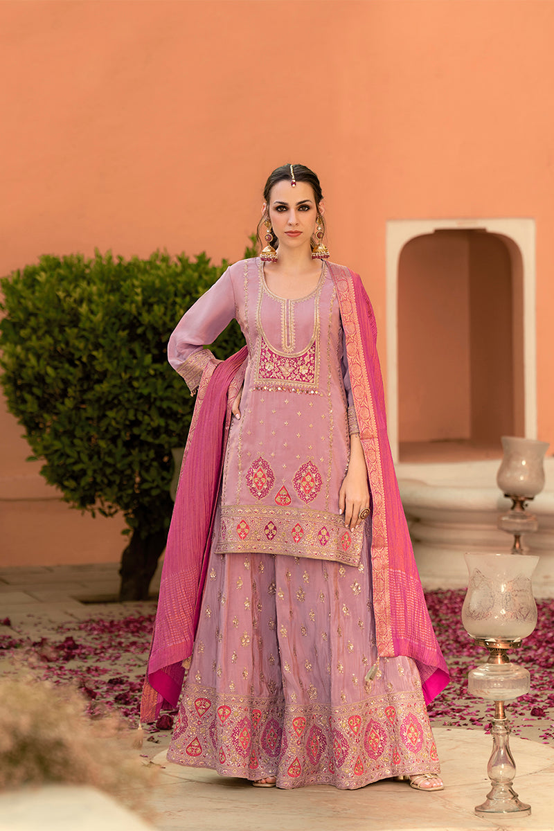 Pink Viscose Shimmer Embroidered Straight Kurta Sharara with Dupatta PKSKD2862