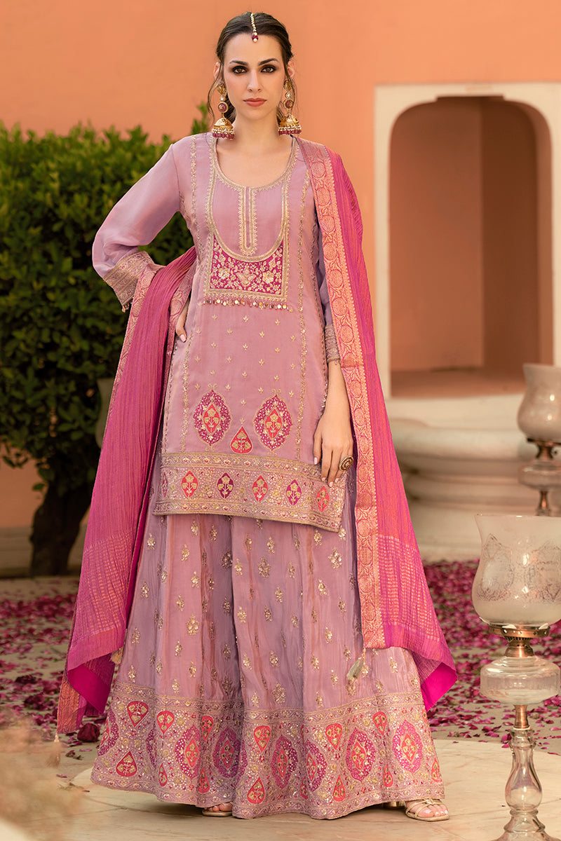 Pink Viscose Shimmer Embroidered Straight Kurta Sharara with Dupatta PKSKD2862