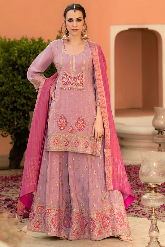 Pink Viscose Shimmer Embroidered Straight Kurta Sharara with Dupatta PKSKD2862