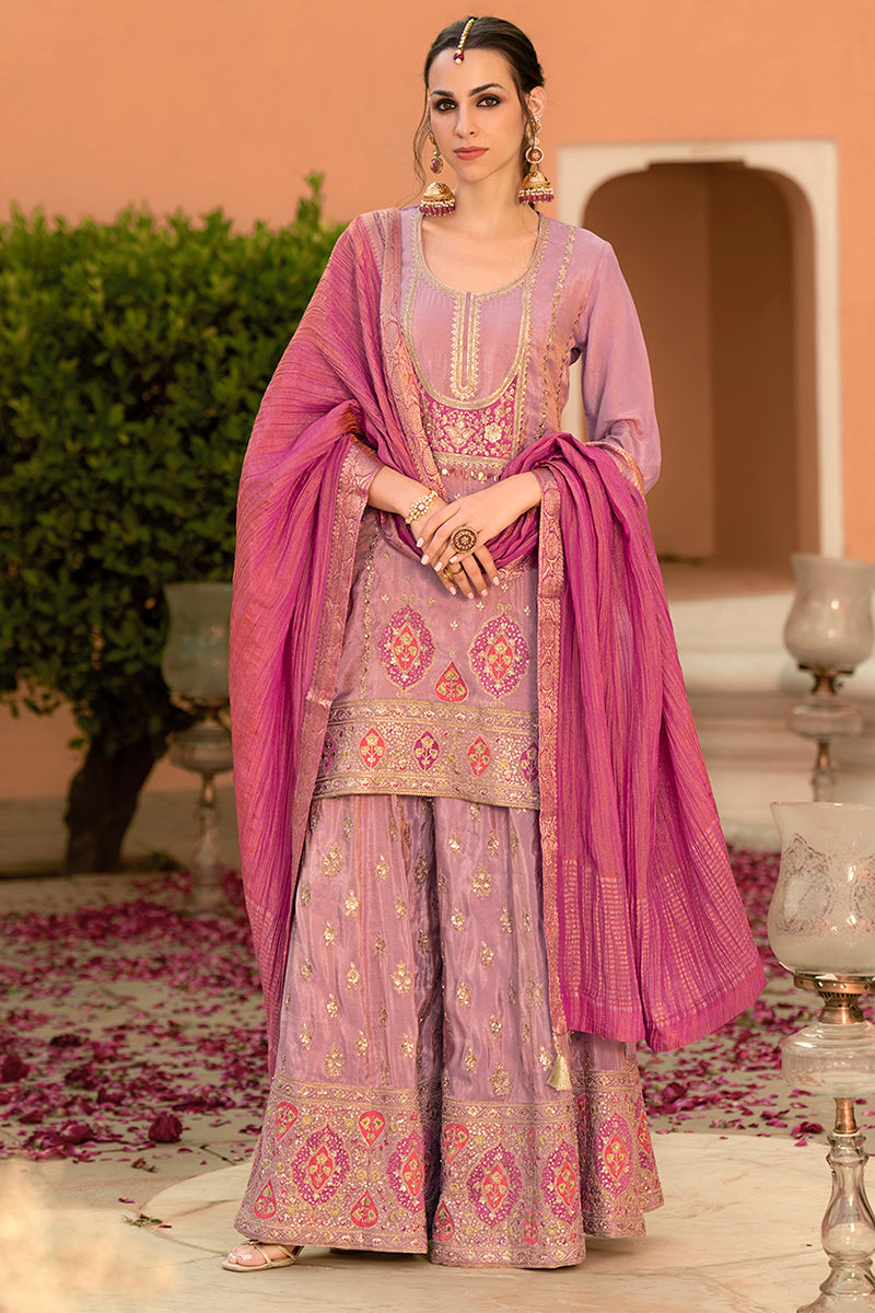 Pink Viscose Shimmer Embroidered Straight Kurta Sharara with Dupatta PKSKD2862