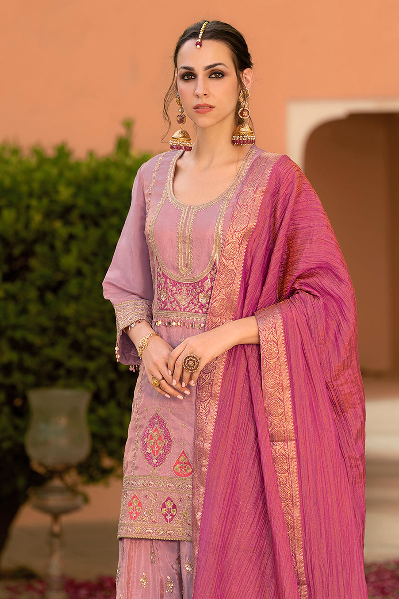 Pink Viscose Shimmer Embroidered Straight Kurta Sharara with Dupatta PKSKD2862