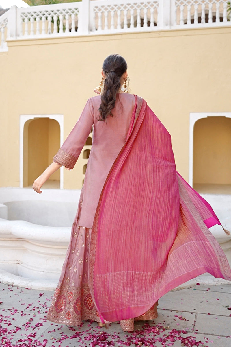 Pink Viscose Shimmer Embroidered Straight Kurta Sharara with Dupatta PKSKD2862