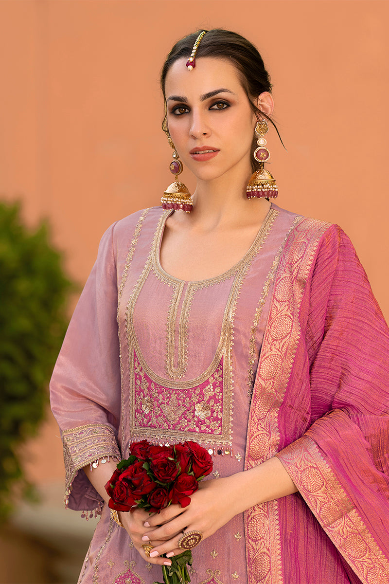 Pink Viscose Shimmer Embroidered Straight Kurta Sharara with Dupatta PKSKD2862