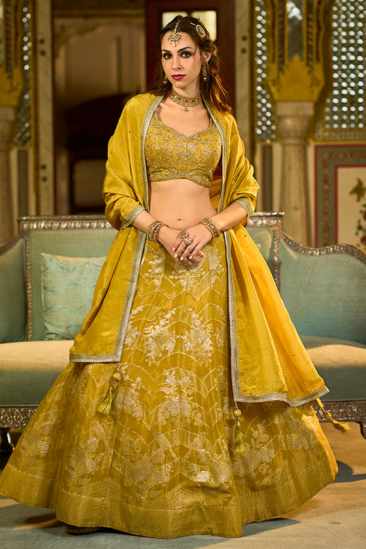 Mustard Silk Blend Embroidered Flared Lehenga Choli With Dupatta PKSKD2863