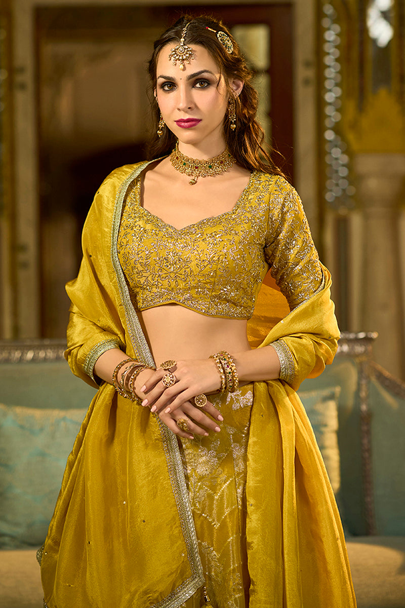 Mustard Silk Blend Embroidered Flared Lehenga Choli With Dupatta PKSKD2863