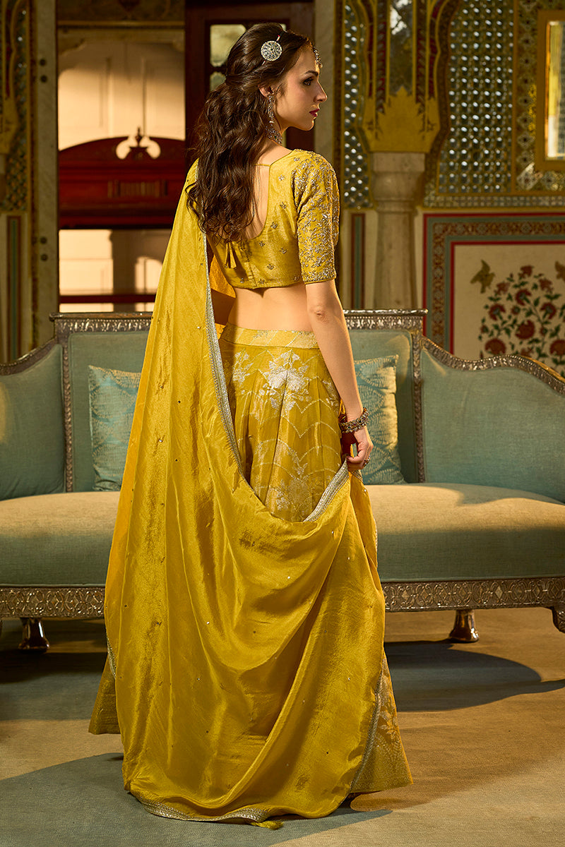 Mustard Silk Blend Embroidered Flared Lehenga Choli With Dupatta PKSKD2863