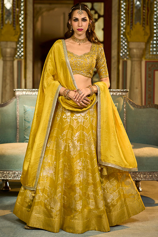 Mustard Silk Blend Embroidered Flared Lehenga Choli With Dupatta PKSKD2863
