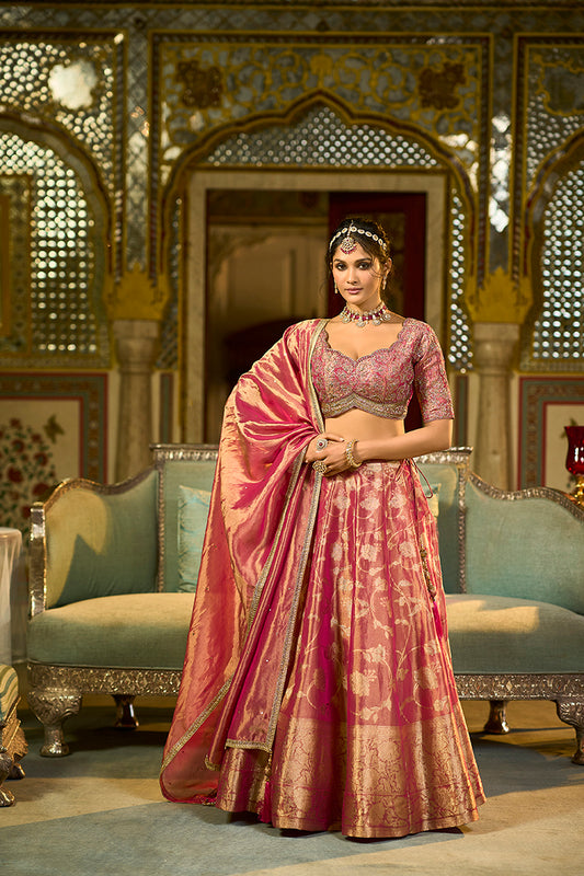 Pink Silk Blend Embroidered Flared Lehenga Choli With Dupatta PKSKD2864