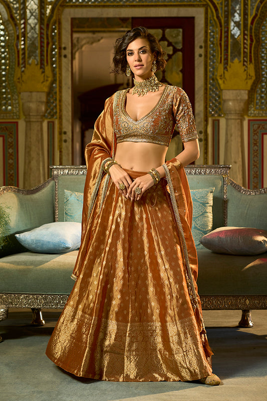 Orange Silk Blend Embroidered Flared Lehenga Choli With Dupatta PKSKD2865