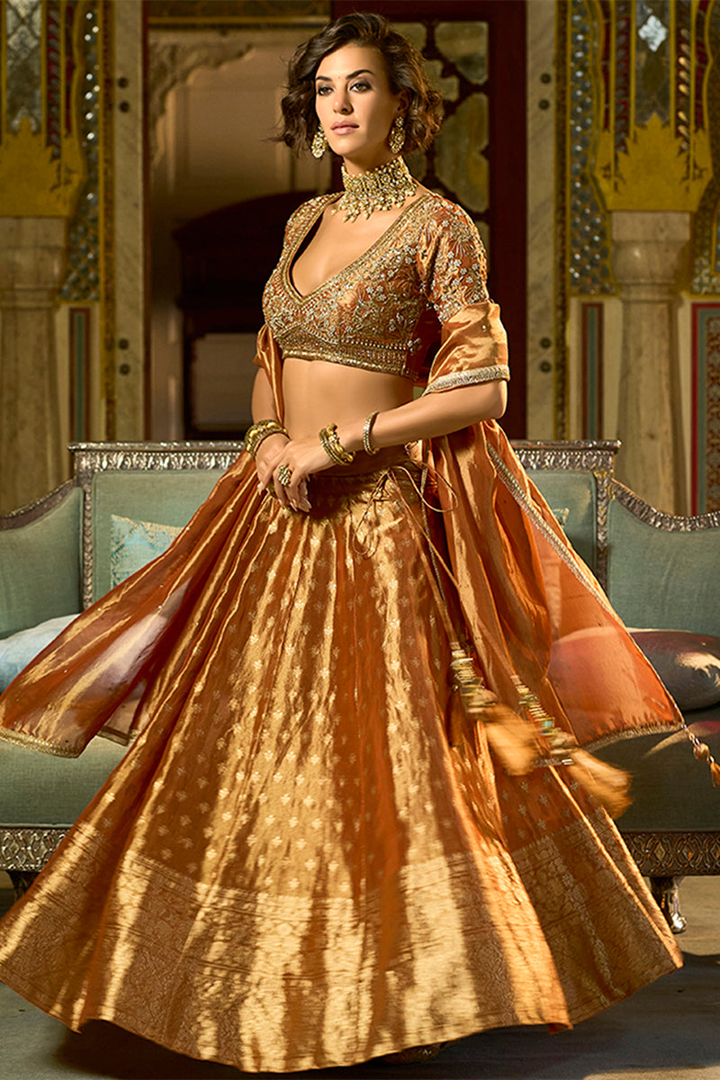 Orange Silk Blend Embroidered Flared Lehenga Choli With Dupatta PKSKD2865