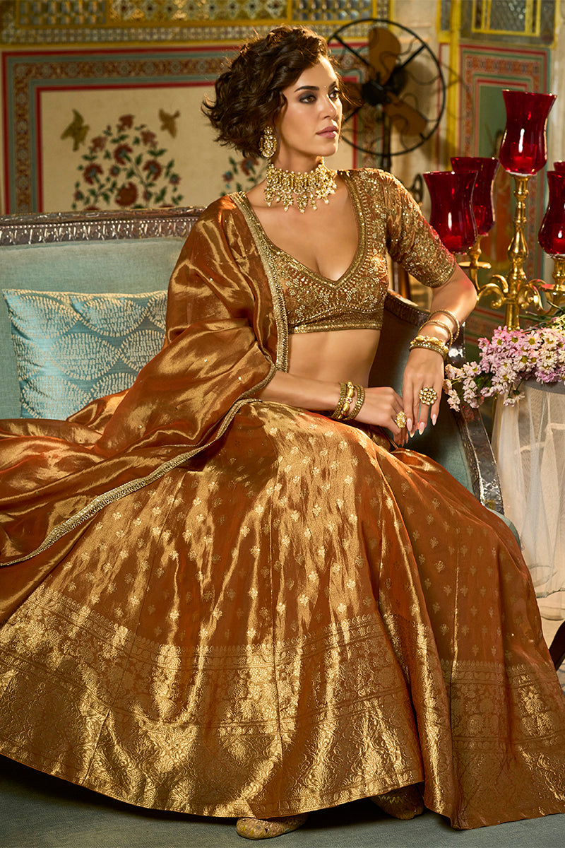 Orange Silk Blend Embroidered Flared Lehenga Choli With Dupatta PKSKD2865