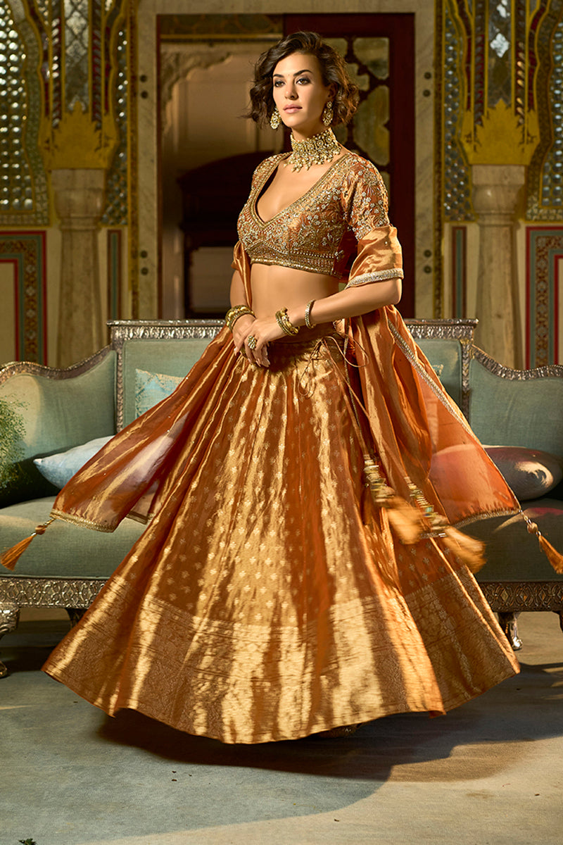 Orange Silk Blend Embroidered Flared Lehenga Choli With Dupatta PKSKD2865