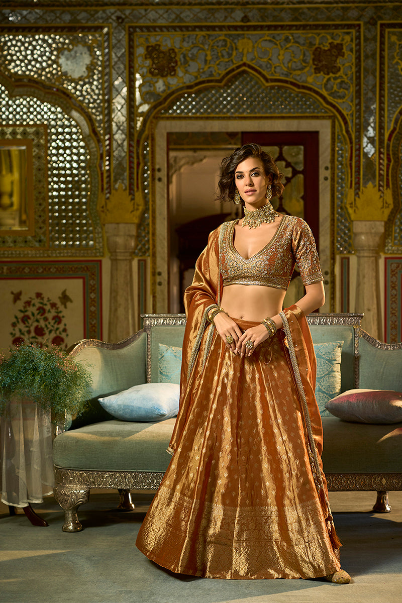 Orange Silk Blend Embroidered Flared Lehenga Choli With Dupatta PKSKD2865