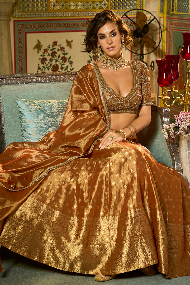 Orange Silk Blend Embroidered Flared Lehenga Choli With Dupatta PKSKD2865