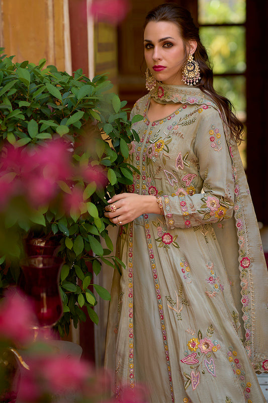 Grey Silk Blend Embroidered Anarkali Kurta Skirt with Dupatta PKSKD2866