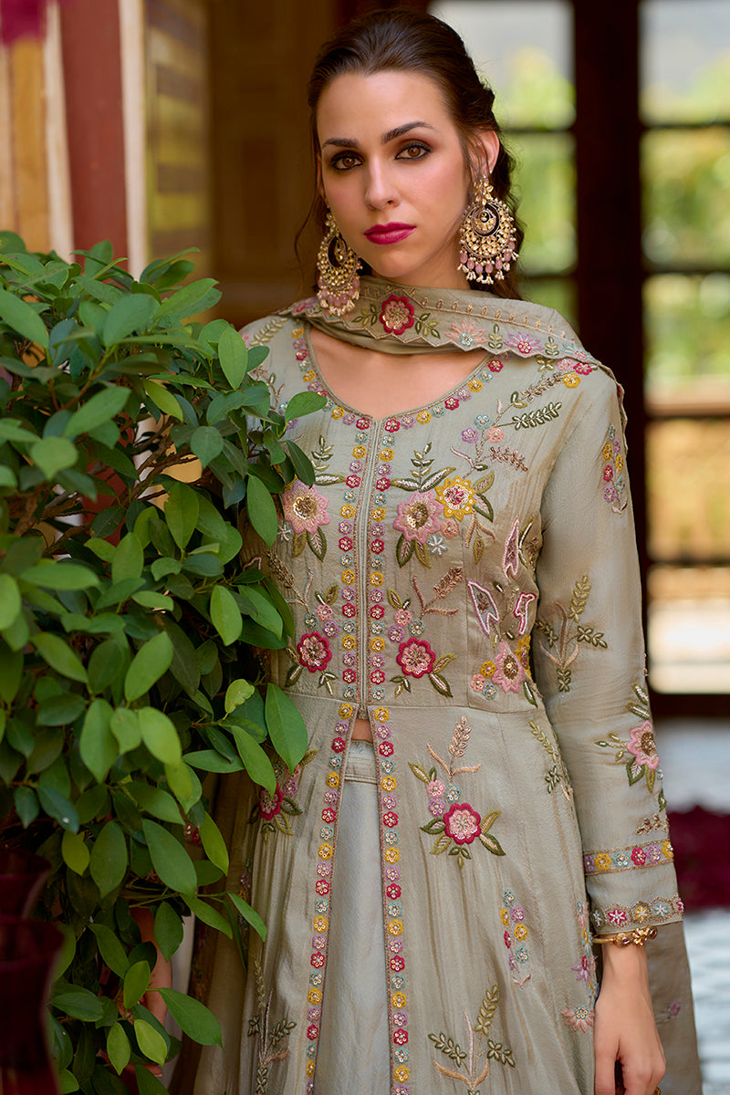 Grey Silk Blend Embroidered Anarkali Kurta Skirt with Dupatta PKSKD2866