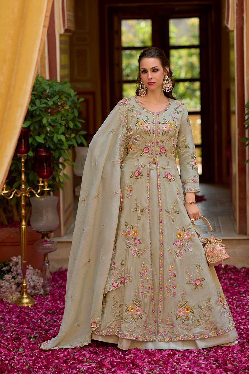 Grey Silk Blend Embroidered Anarkali Kurta Skirt with Dupatta PKSKD2866