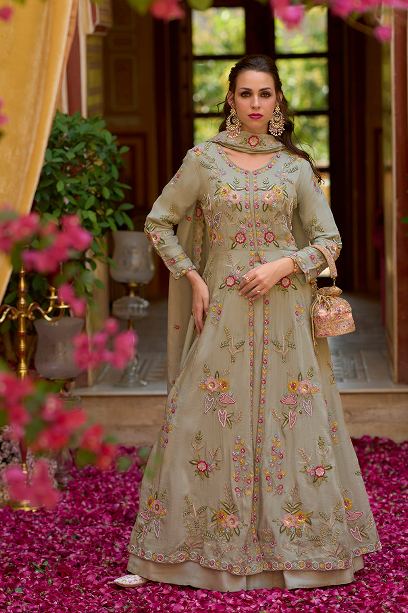 Grey Silk Blend Embroidered Anarkali Kurta Skirt with Dupatta PKSKD2866