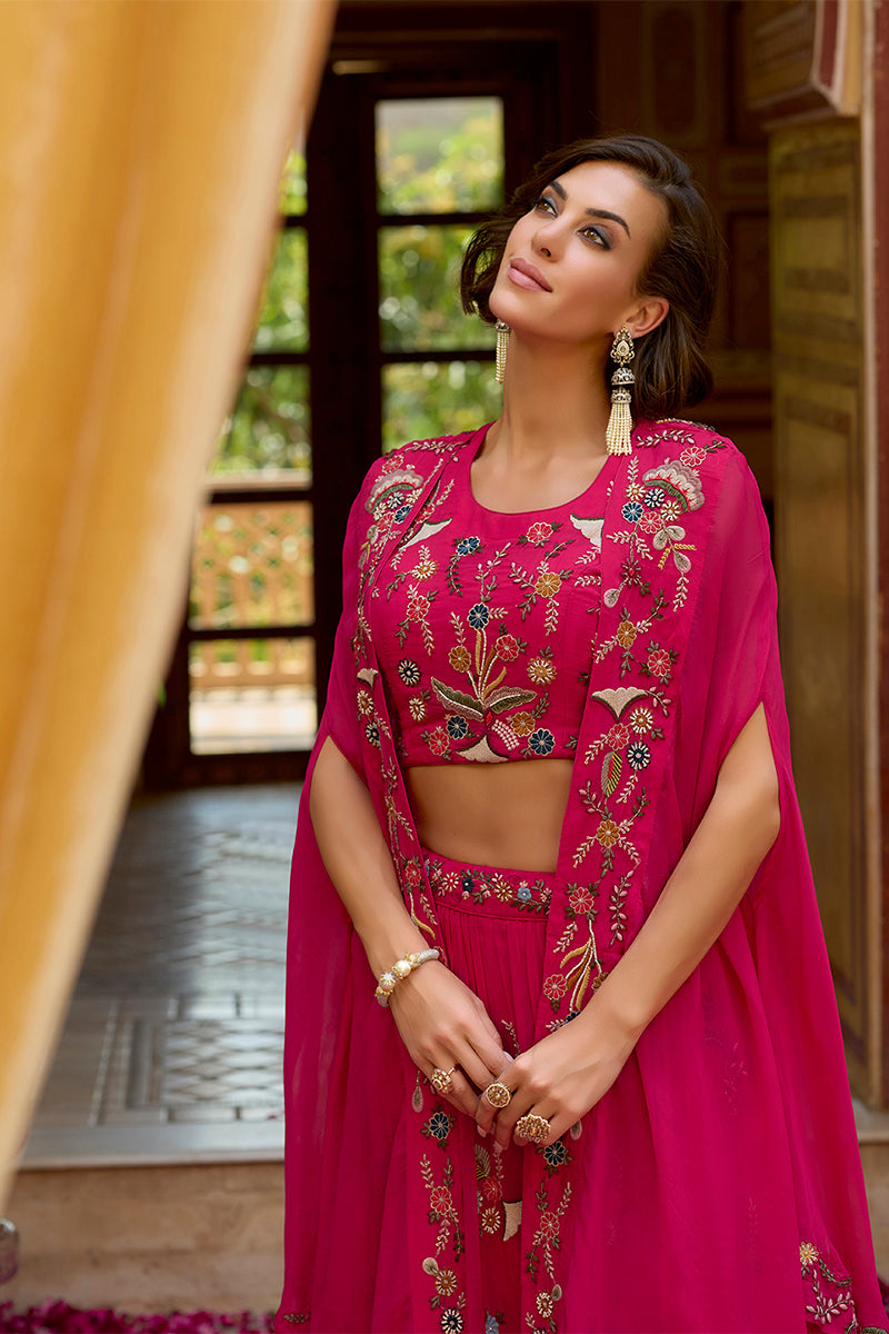 Pink Silk Blend Embroidered Straighit Top Skirt With Shrug PKSKD2867