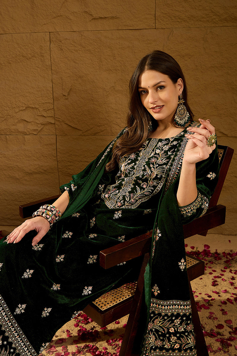 Green Velvet Ethnic Motifs Printed Straight Trousers Suit Set PKSKD2880