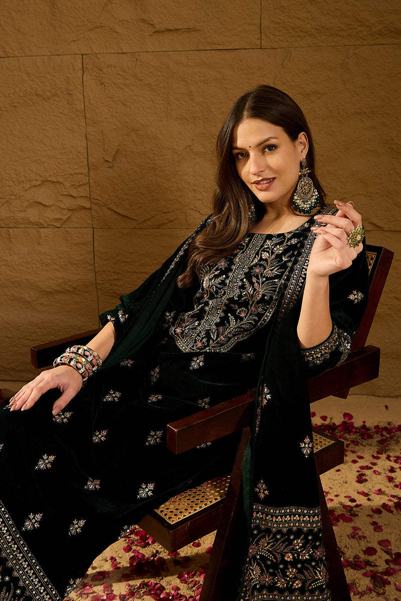 Green Velvet Ethnic Motifs Printed Straight Trousers Suit Set PKSKD2880