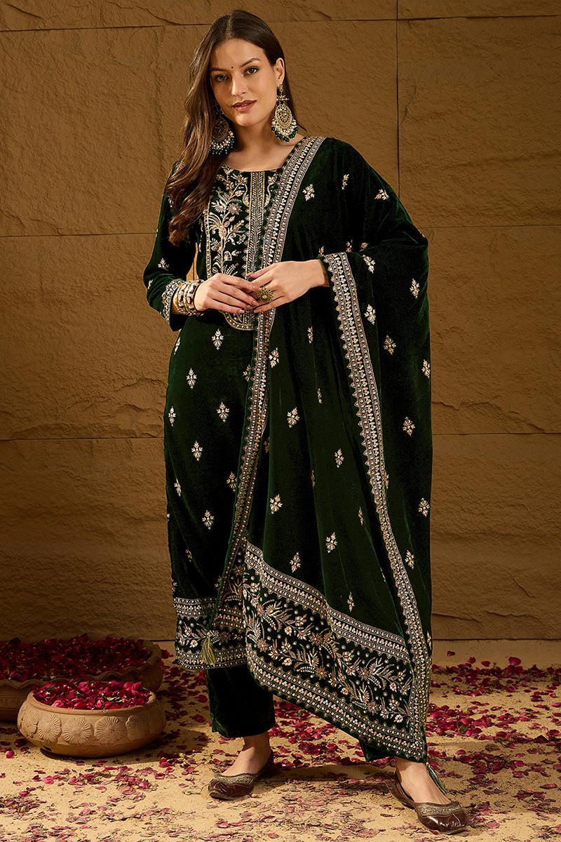 Green Velvet Ethnic Motifs Printed Straight Trousers Suit Set PKSKD2880