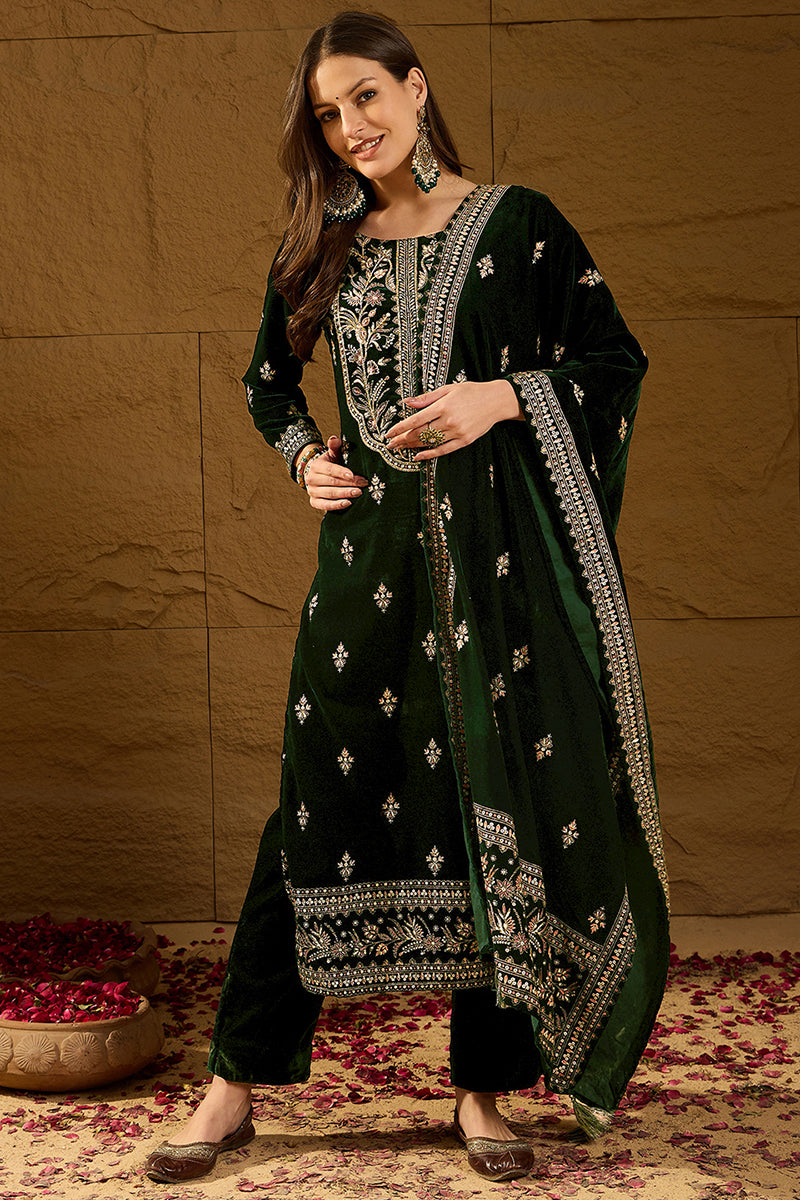 Green Velvet Ethnic Motifs Printed Straight Trousers Suit Set PKSKD2880