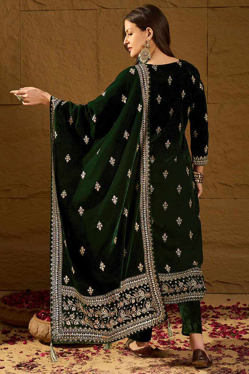 Green Velvet Ethnic Motifs Printed Straight Trousers Suit Set PKSKD2880