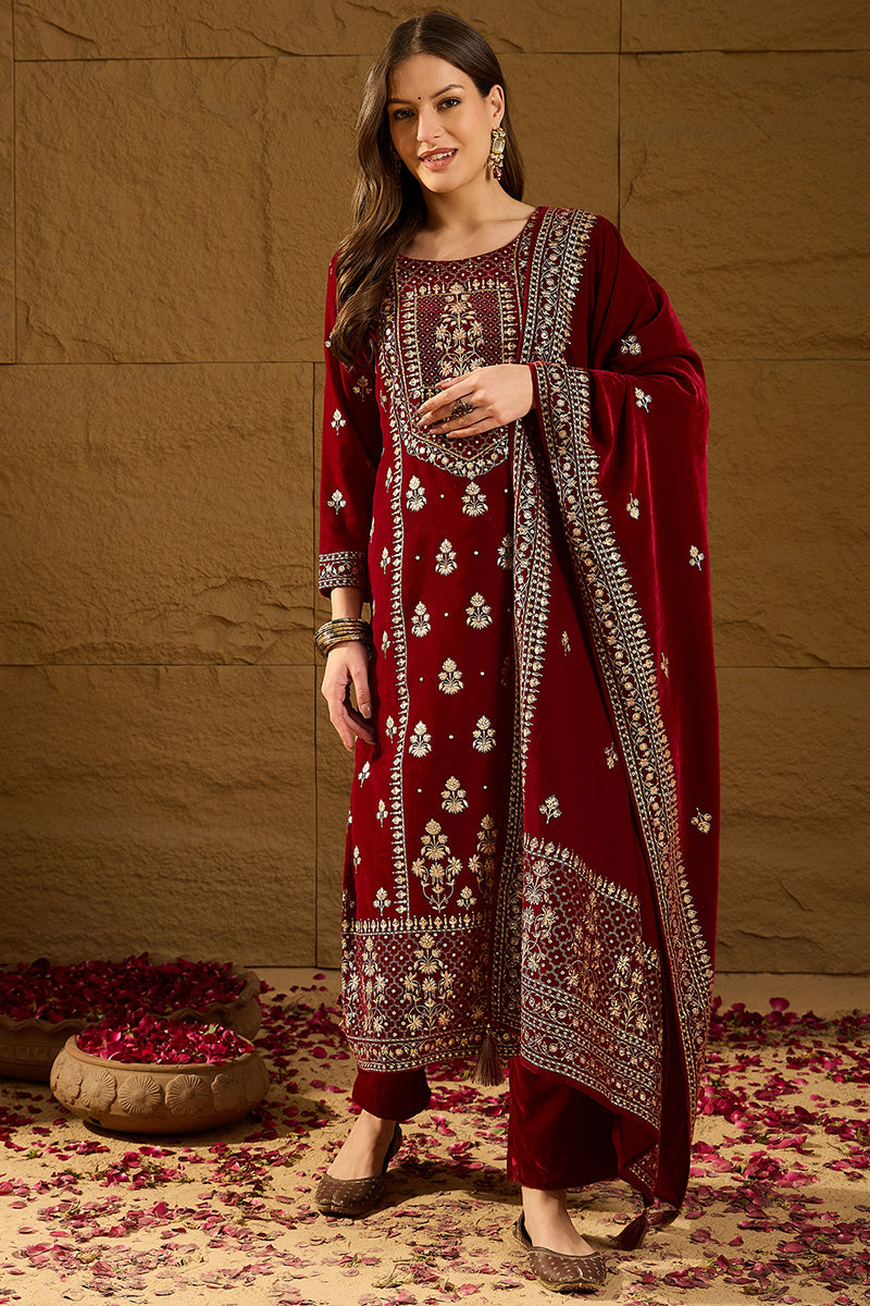 Maroon Velvet Ethnic Motifs Printed Straight Trousers Suit Set PKSKD2881