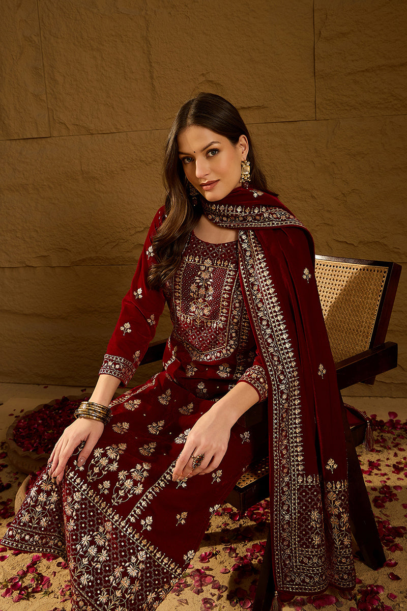 Maroon Velvet Ethnic Motifs Printed Straight Trousers Suit Set PKSKD2881