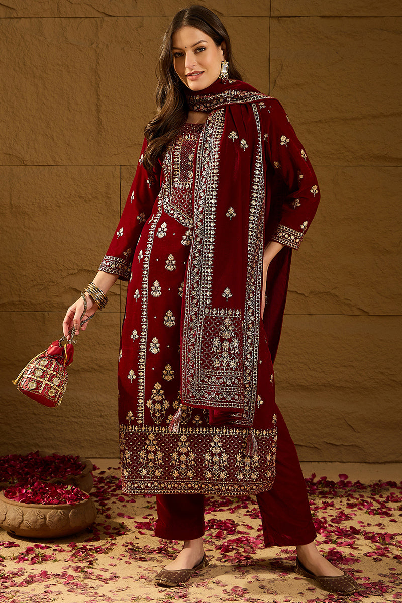 Maroon Velvet Ethnic Motifs Printed Straight Trousers Suit Set PKSKD2881