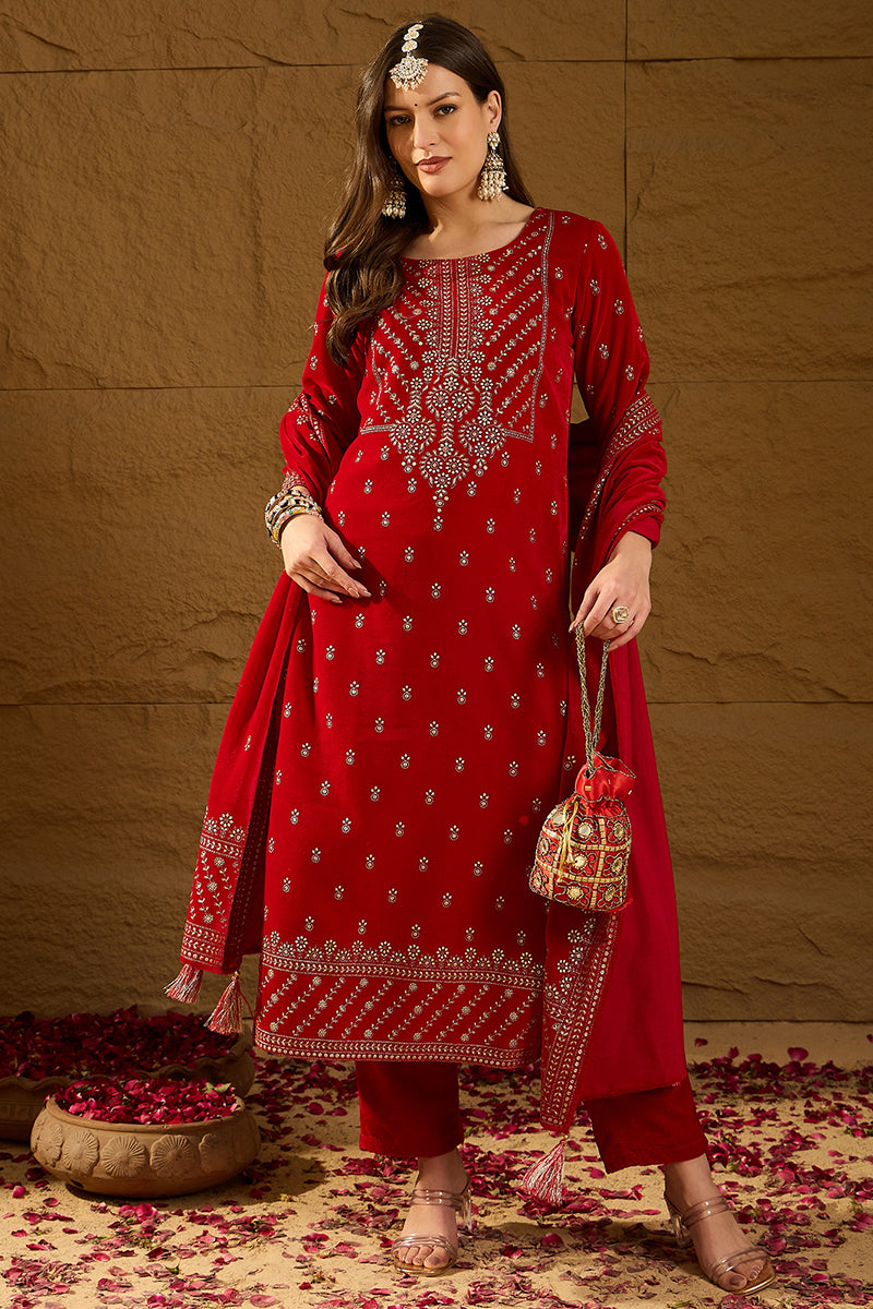 Red Velvet Ethnic Motifs Printed Straight Trousers Suit Set PKSKD2882