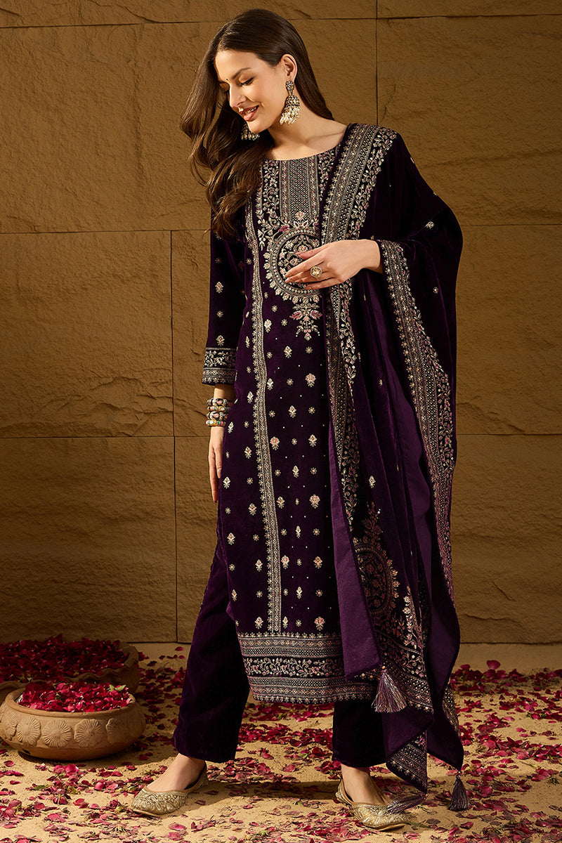 Purple Velvet Ethnic Motifs Printed Straight Trousers Suit Set PKSKD2883