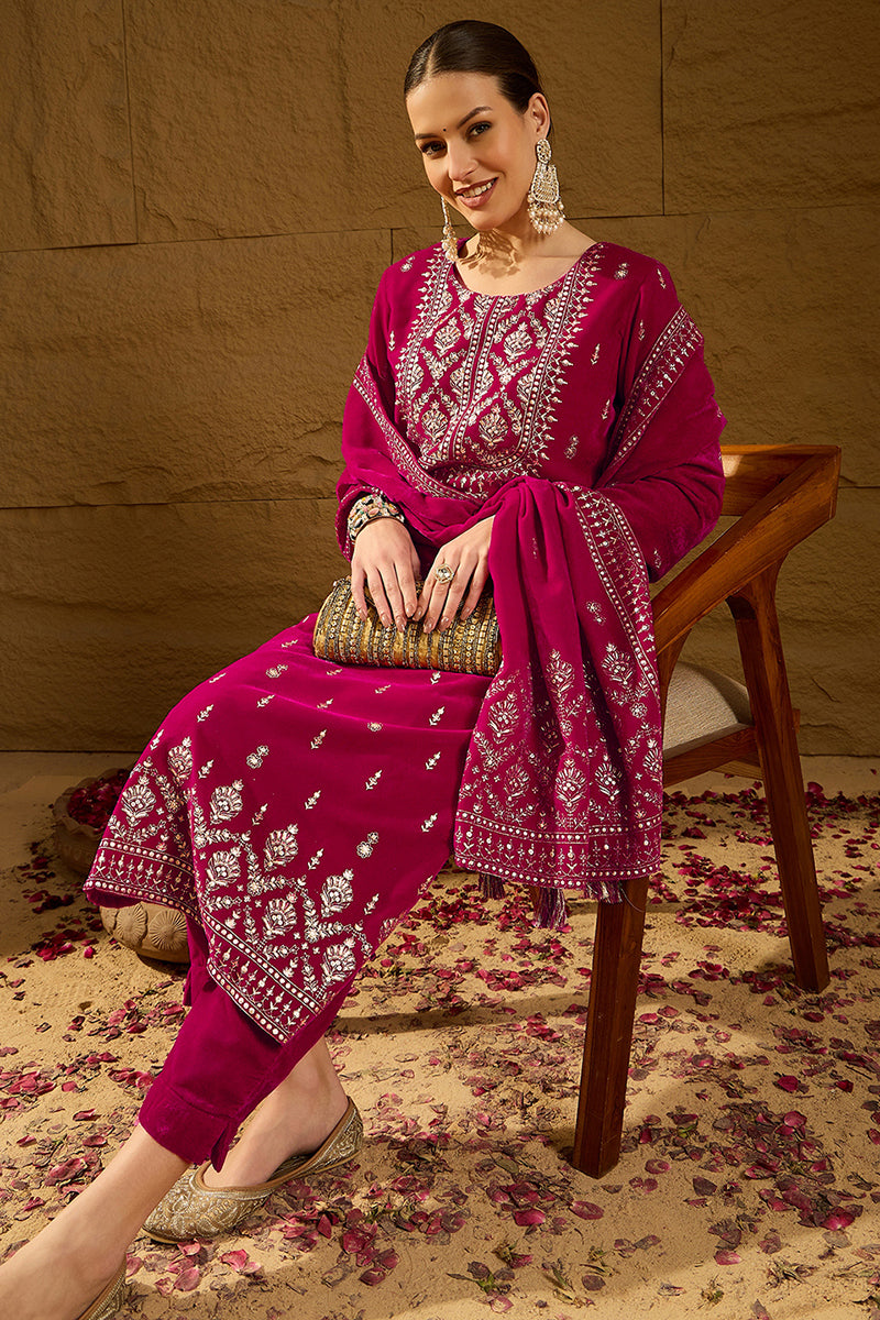 Pink Velvet Ethnic Motifs Printed Straight Trousers Suit Set PKSKD2884