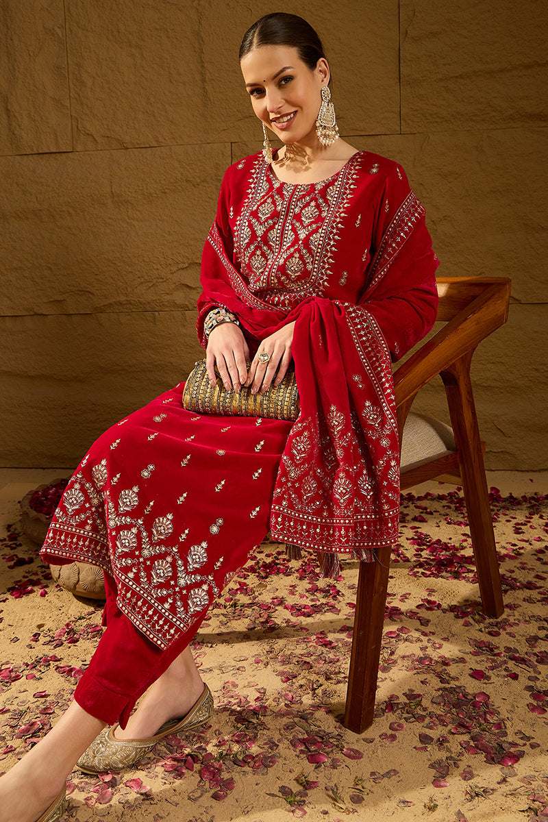 Pink Velvet Ethnic Motifs Printed Straight Trousers Suit Set PKSKD2884