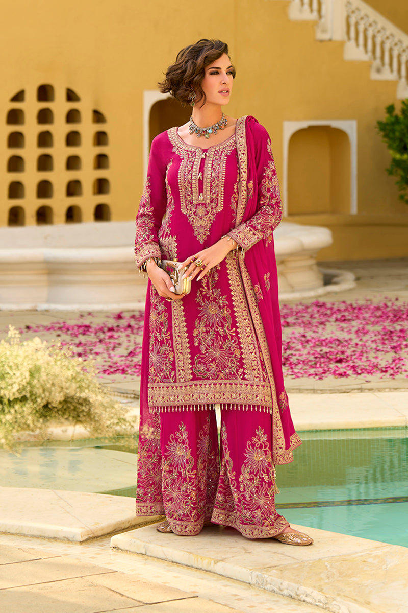 Pink Chinon Chiffon Embroidered Straight Kurta Sharara with Dupatta PKSKD2888