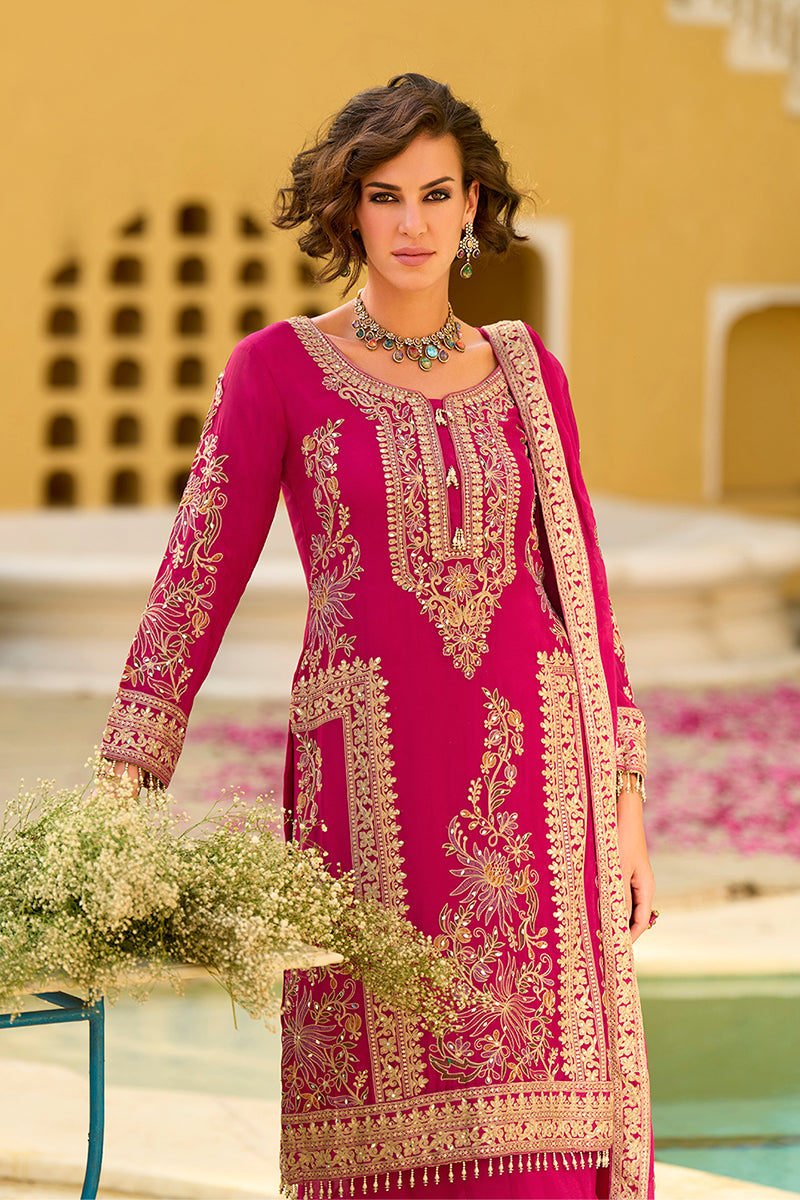 Pink Chinon Chiffon Embroidered Straight Kurta Sharara with Dupatta PKSKD2888