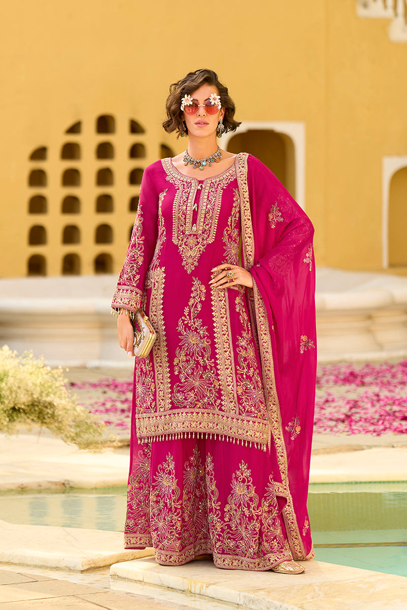 Pink Chinon Chiffon Embroidered Straight Kurta Sharara with Dupatta PKSKD2888