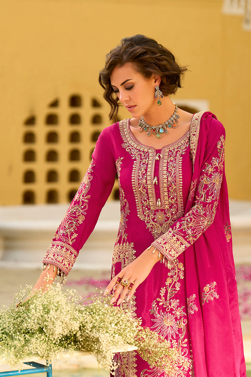 Pink Chinon Chiffon Embroidered Straight Kurta Sharara with Dupatta PKSKD2888