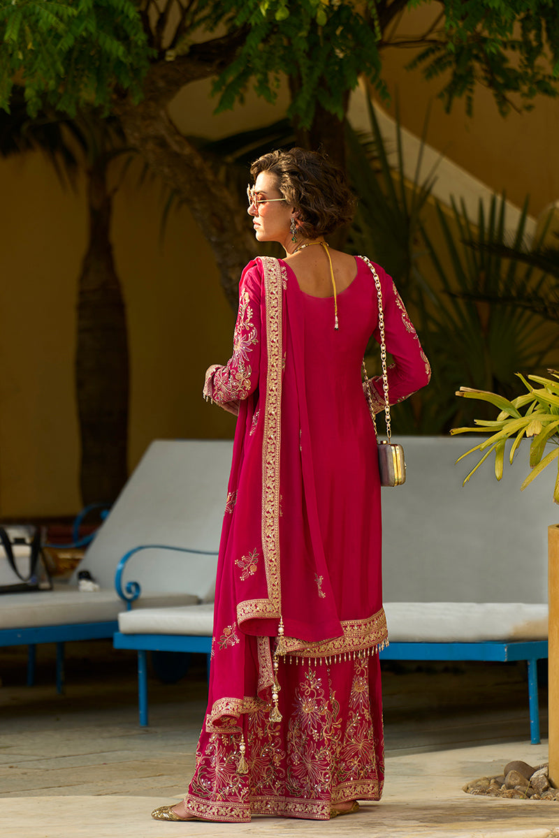 Pink Chinon Chiffon Embroidered Straight Kurta Sharara with Dupatta PKSKD2888