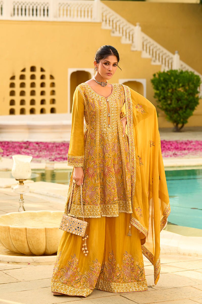 Yellow Chinon Chiffon Embroidered Anarkali Kurta Sharara with Dupatta PKSKD2891
